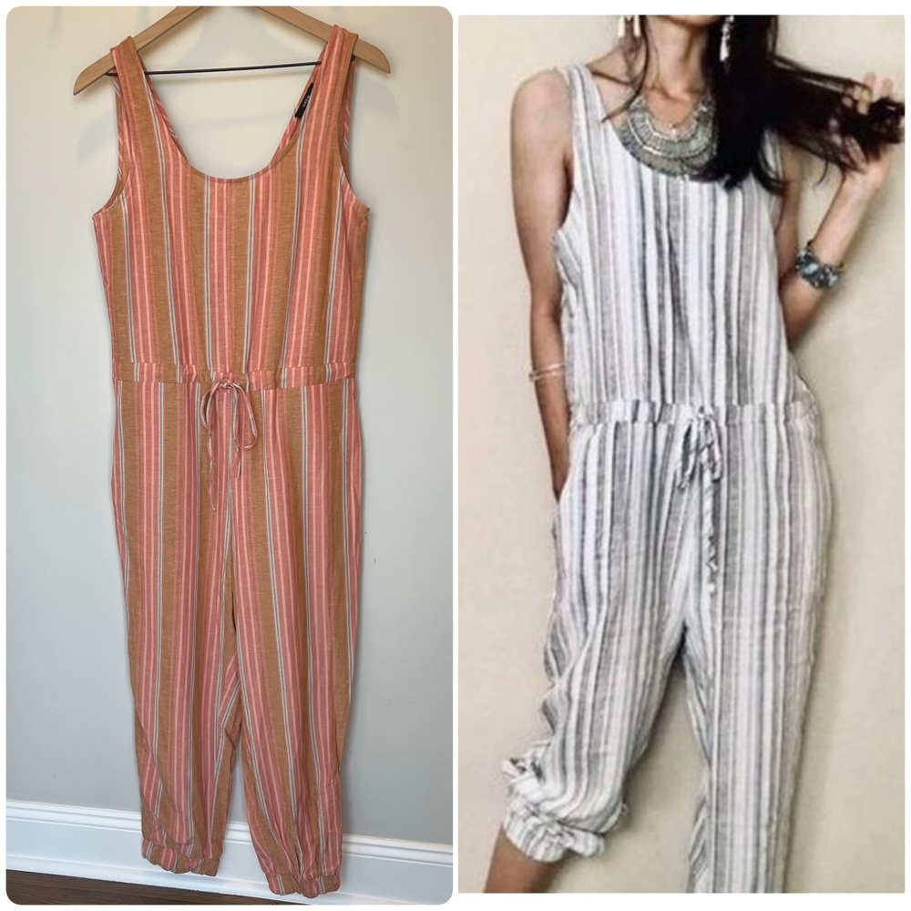Drew x Anthropologie Slouchy Striped Linen-Blend Tank Jogger Jumpsuit - size S